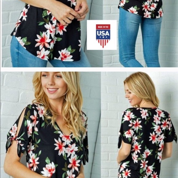 Soft Floral Cut-Out Tie Sleeve Top - Picture 2 of 6